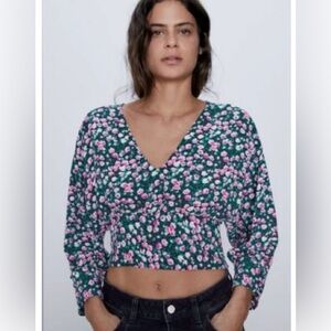 Zara Pink and Green Floral Crop Top